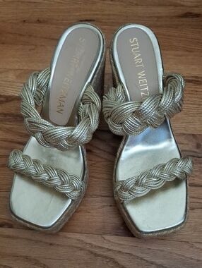 Stuart Weitzman Braida Gold Braided Slide Sandals_1